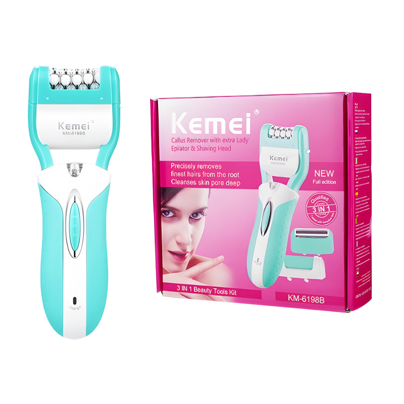 Kemei KM-6198B 3-In-1 Multifunctional Electric Shaver, Callus Remover, And Epilator For Women