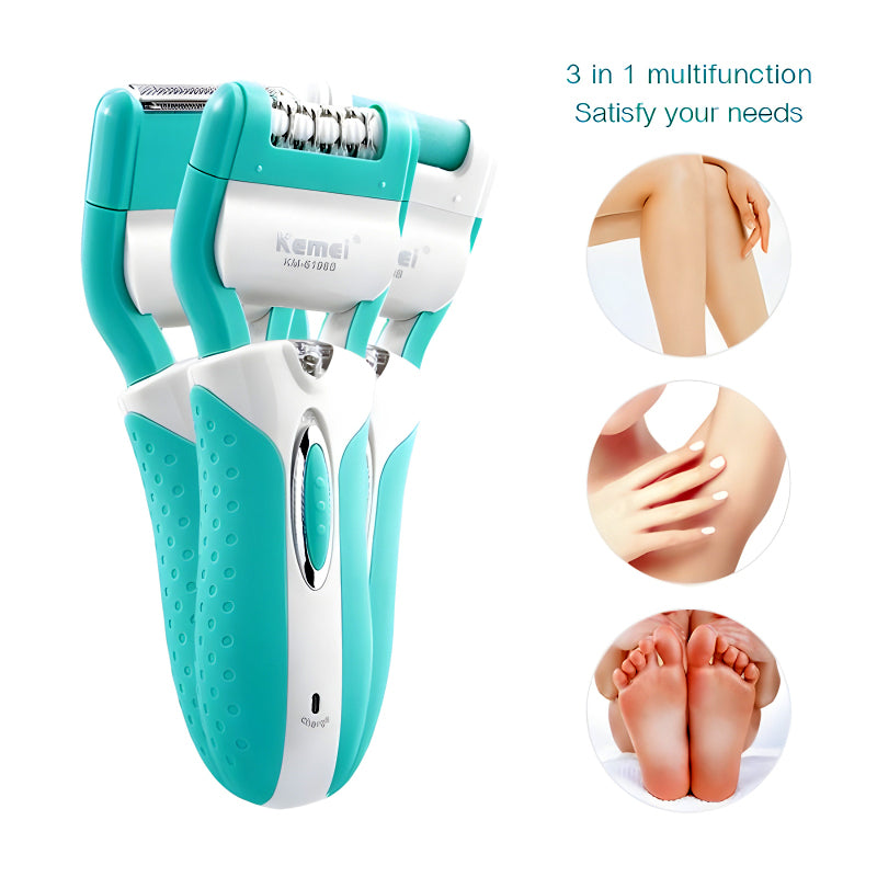 Kemei KM-6198B 3-In-1 Multifunctional Electric Shaver, Callus Remover, And Epilator For Women