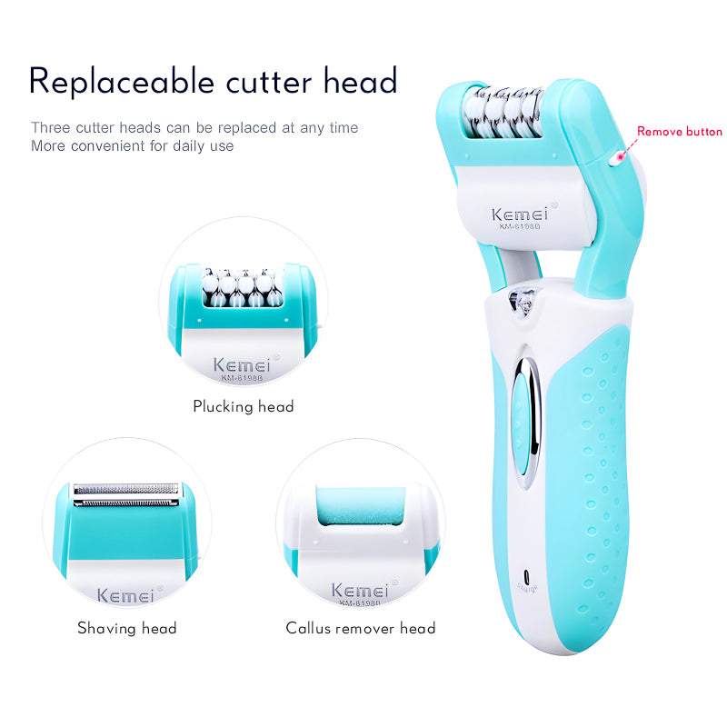 Kemei KM-6198B 3-In-1 Multifunctional Electric Shaver, Callus Remover, And Epilator For Women