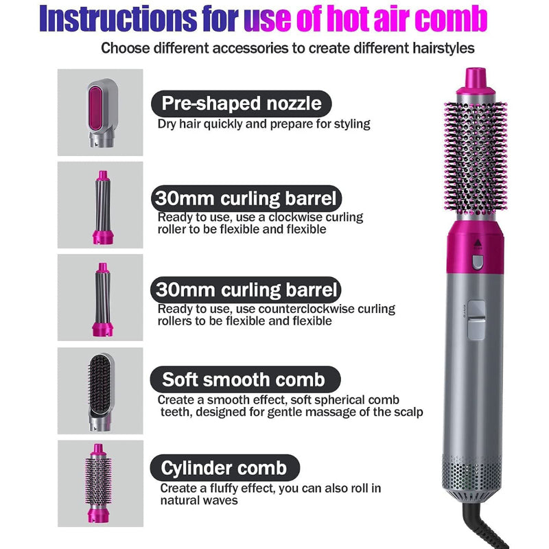 5 In 1 Detachable Hair Dryer Electric Blow Dryer Comb Negative Ion Straightener & Hair Curler