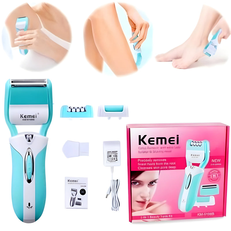 Kemei KM-6198B 3-In-1 Multifunctional Electric Shaver, Callus Remover, And Epilator For Women