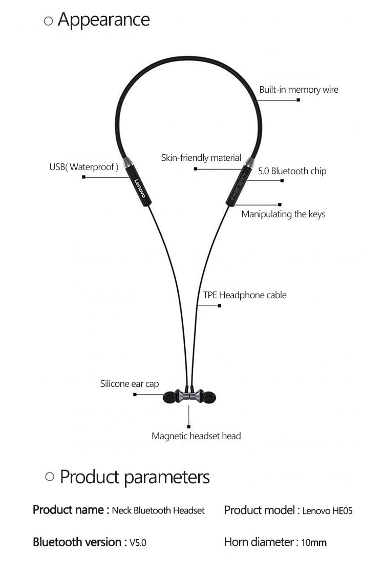 Lenovo HE05 Bluetooth 5.0 Neckband Wireless Stereo Sports Magnetic Headphones IPX5 Waterproof